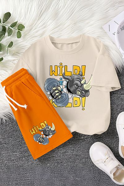 MYADA Premium Wild Written Cartoon Character Rhino Printed 2-Piece Children's Set 23365