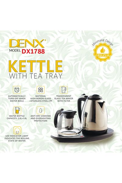Denx غلاية كهربائية مع صينية شاي وخاصية الإغلاق التلقائي، صانعة شاي زجاجية شفافة