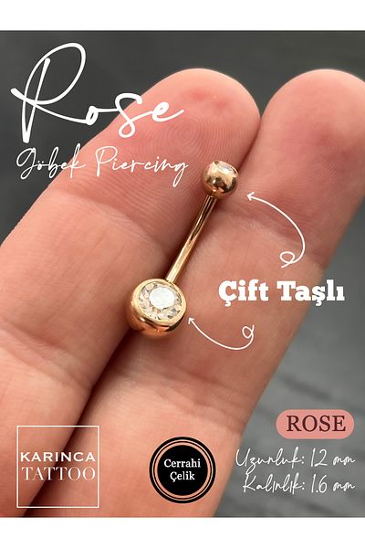 Karınca Piercing Rose Gold Stone Navel Piercing - Surgical Steel Piercing (Ant Tattoo)