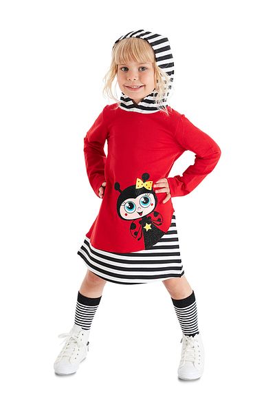 Denokids Katicabogár kapucnis csíkos hosszú ujjú piros lány ruha