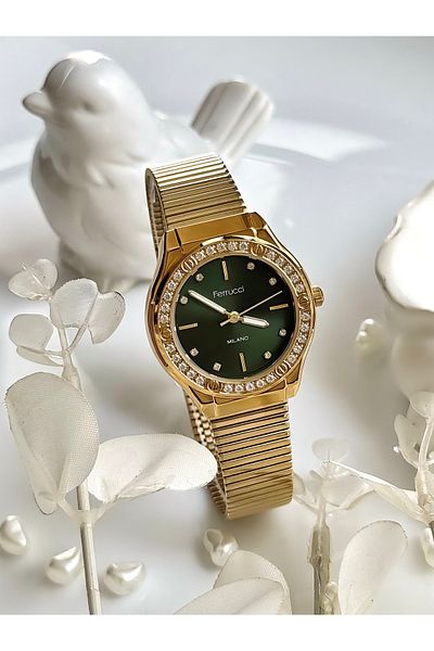 Ferrucci Ferrucci̇ Gold Color Straw Cord Green Inner Dial Stone Detail Women's Wristwatch