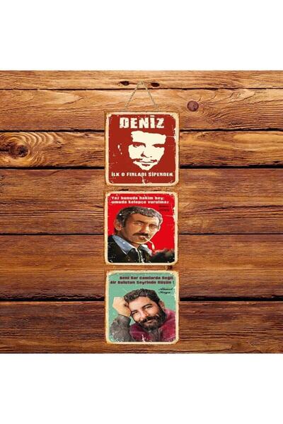 TAKIFİX Deniz Gezmiş Yılmaz Güney Ahmet Kaya Üçlü Retro Ahşap Poster