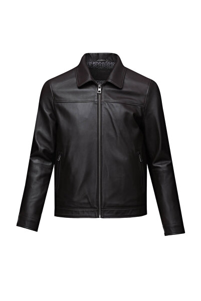 Hatemoğlu Kahverengi Slim Fit Bebe Yaka 100% Hakiki Deri Mont
