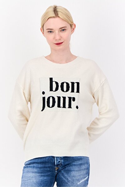 Madison + Hudson Women Ribbed Collar Jacquard Sweater, Off White