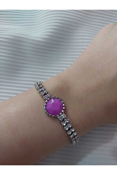 Avcıoğlu Aksesuar اسوارة نسائية حجر واحد موديل دائري حجر كريستال زركون اسوارة مطلية بالفضة