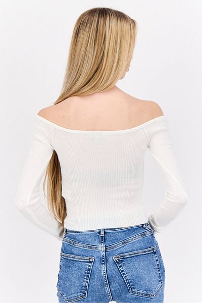 Don't Call Me Jennyfer Women V-neck Long Sleeve Ribbed Top, White