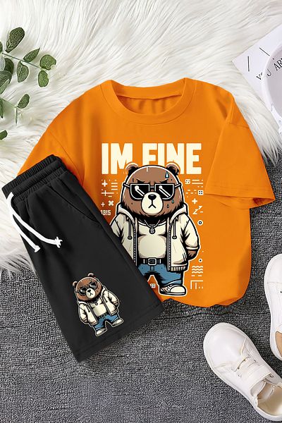MYADA New Season Fine Written Cool Teddy Bear Printed 2-Piece Children's Set 22515