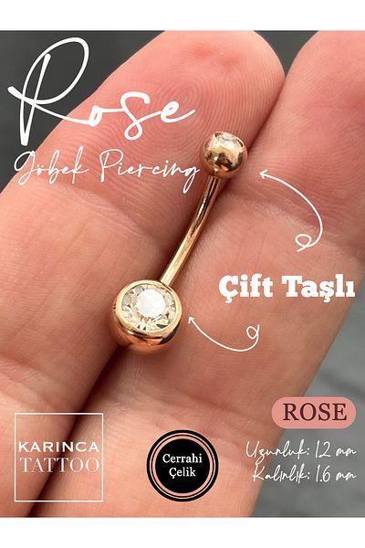 Karınca Piercing Rose Gold Stone Navel Piercing - Surgical Steel Piercing (Ant Tattoo)