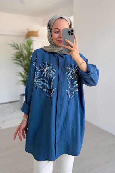 Ka Hijab Indigo Flower Pattern Embroidered Shirt