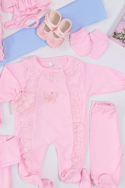 Sitilin Pink Butterfly Patterned Baby Girl Scalloped - 100% Cotton, 10-piece Hospital Set Stl6742