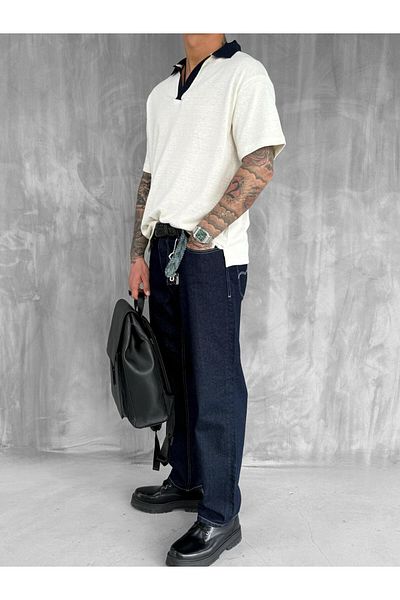 ablukaonline Men's Contrast V-Neck Relax Fit T-Shirt Ecru