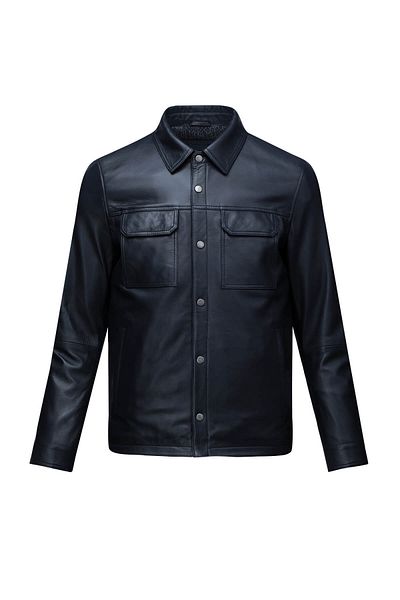 Hatemoğlu Navy Blue Regular Fit Baby Collar 100% Genuine Leather Coat