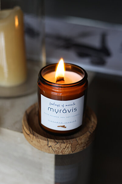myrâvis Tarçın Kokulu Ahşap Fitilli Dekoratif El Yapımı ve %100 Doğal Soya Mumu