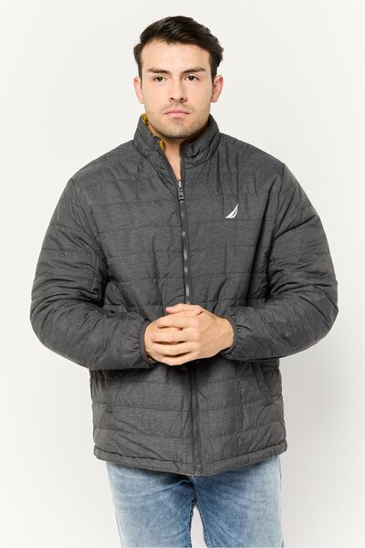 Nautica جاكيت رجالي منفوخ قابل للعكس بشعار ماركة، رمادي
