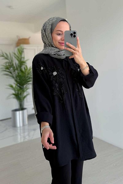 Ka Hijab Cămașă Brodată cu Motiv de Flori - Neagră