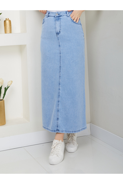 MODAMERSİ Γυναικείο Λευκό Oversize Φούτερ με φερμουάρ Λεπτομερή τζιν φούστα Σετ δύο τεμαχίων