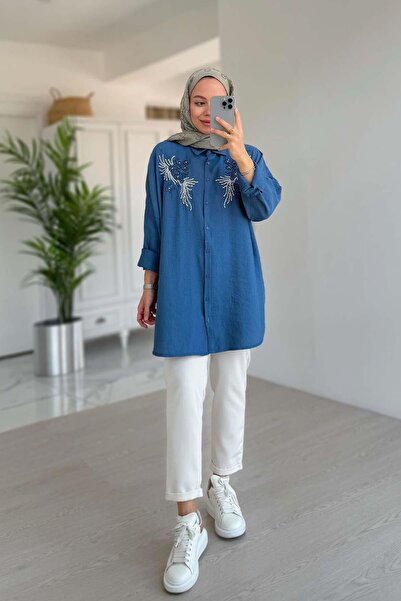 Ka Hijab Indigo Bead Embellished Shirt