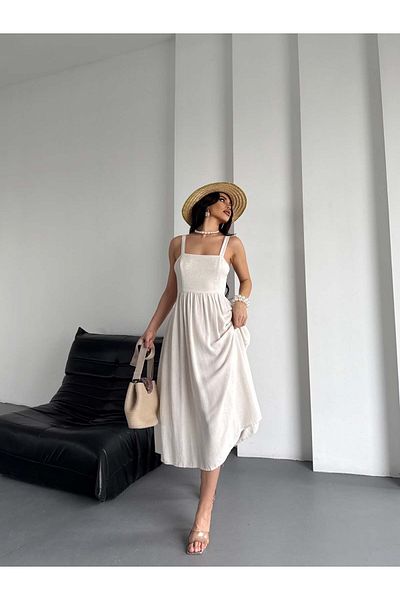 MYZİ STORE Γυναικείο λινό φόρεμα καλοκαιρινό φόρεμα λινό λουράκι