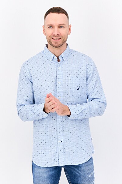 Nautica Men Slim Fit Long Sleeves Micro Check Casual Shirt, White/Blue