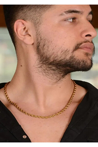 OSMANLI GÜMÜŞ Altın Rengi 5mm Burma Halat Erkek Çelik Kolye Zincir CKLBURGUALT-ALT