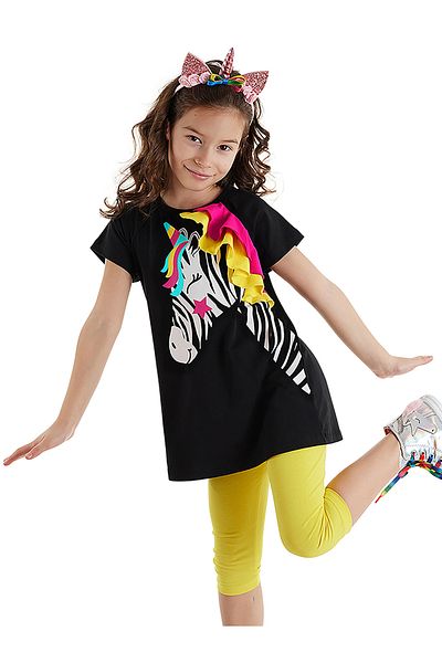 Denokids Set de vară pentru fete Zebracorn - tricou cu volane, tunică și jambiere, negru, galben
