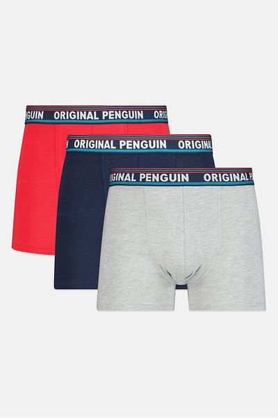 Original Penguin شورت رجالي بشعار العلامة التجارية، 3 قطع، أزرق داكن/أحمر