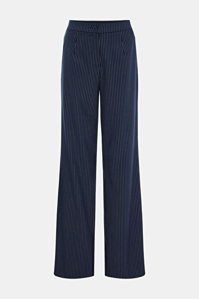 W Collection LACİVERT BOL PAÇA YÜKSEK BEL ÇİZGİLİ DESENLİ PANTOLON