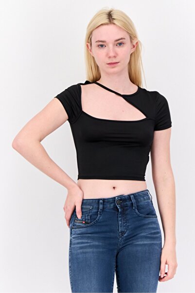 Don't Call Me Jennyfer Women Round Neck Short Sleeve Plain Top, Black