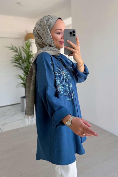 Ka Hijab Indigo Flower Pattern Embroidered Shirt