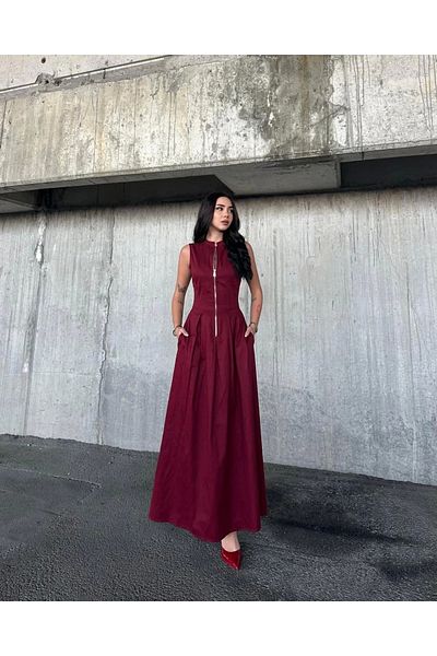 Bak Moda Rochie burgundă cu fermoar în față, cu detaliu în talie