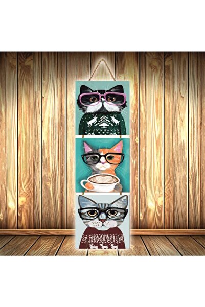 hazalshop Τριπλή ρετρό ξύλινη αφίσα με σχέδιο γάτες με γυαλιά Ü458