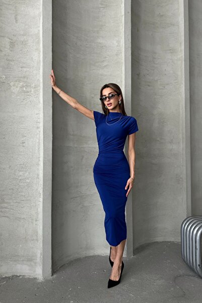 MAT Collection Kadın Saks Mavi Kısa Kollu Drapeli Midi Elbise