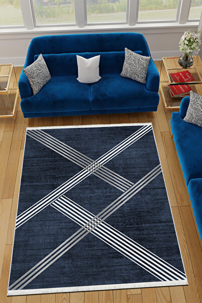 CENTER AVM Lacivert Halı Salon Halısı Makinede Yıkanabilir Halı Kaymaz Taban ...