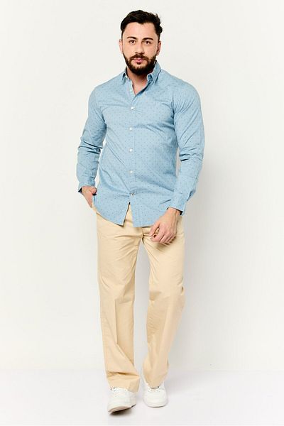 Nautica قميص رجالي كاجوال بأكمام طويلة وطبعات كاملة بقصّة Slim Fit، أزرق فاتح
