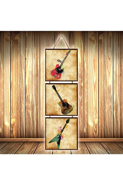 hazalshop Τριπλή ρετρό ξύλινη αφίσα με σχέδιο κιθάρας Ü399