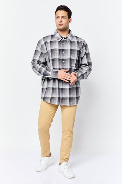Il Sarto Men Oversized Fit Micro Check Long Sleeves Casual Shirt, Grey