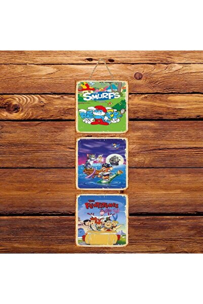 hazalshop Τριπλή ρετρό ξύλινη αφίσα με χαρακτήρες κινουμένων σχεδίων