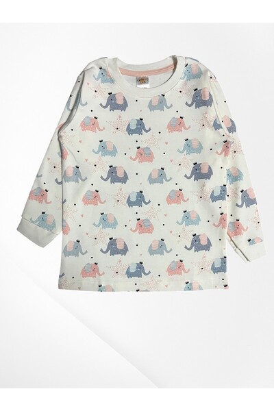 elmas kids Girl's 100% Cotton Filcikler and Star Patterned Ecru Long Sleeve Seasonal Pajama Set