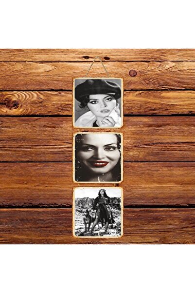 hazalshop Τριπλή ρετρό ξύλινη αφίσα Türkan Şoray