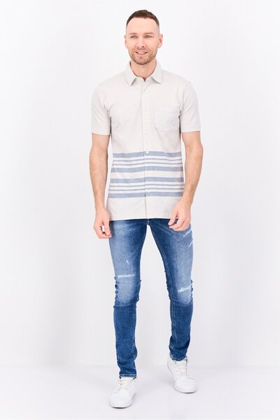 Nautica Men Regular Fit Stripe Short Sleeve Casual Shirts, Light Grey/blue