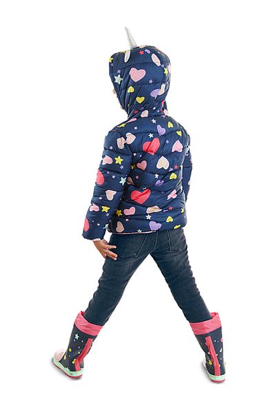 Denokids Dievčenský vodoodpudivý kabát s kapucňou v námorníckej modrej farbe Unicorn