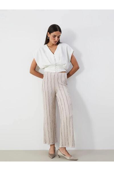 LC Waikiki Lcwaikiki Classic Beige Elastic Waist Textured Wide Leg Women's Pants