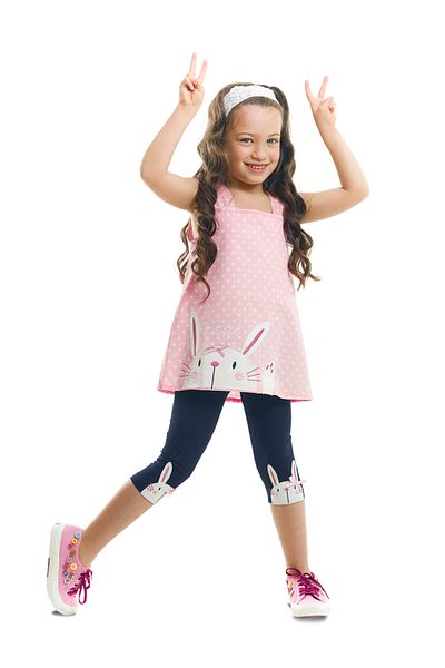 Denokids Rózsaszín sötétkék nyúl mintás nyári póló és leggings szett lányoknak