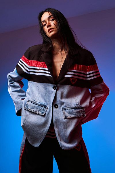 its basic Women's Red Denim Color Fabric Denim Piece Stripe Detailed Design Oversize Denim Jacket
