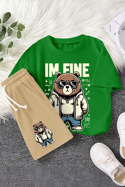 MYADA New Season Fine Written Cool Teddy Bear Printed 2-Piece Children's Set 22515