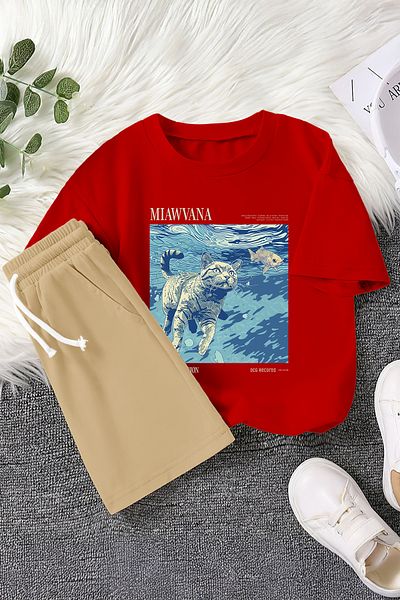 MYADA New Season Miawvana Written Floating Kitten Printed 2-Piece Children's Set 22753