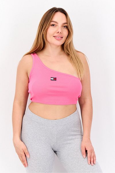 Tommy Jeans Women Asymmetric Neck Sleeveless Brand Logo Tank Top, Dark Pink