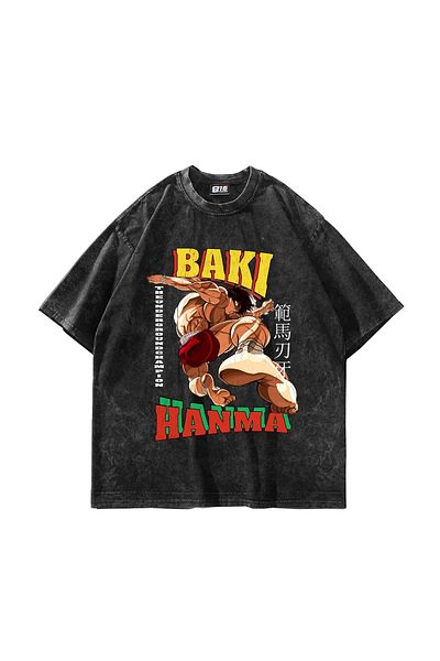 Sekizbiraltı Μαύρο μπλουζάκι με στάμπα Baki Hanma Oversize Unisex Washable