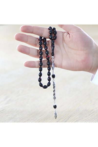 Tesbihane Kararmaz Metal Halat Püsküllü Arpa Kesim Kırmızı-siyah Ateş Kehribar Tesbih