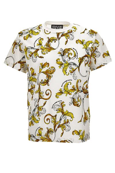 Versace تي شيرت رجالي برقبة دائرية وأكمام قصيرة من القطن بنمط جرافيك أبيض وذهبي 78GAH6S0JS458-G03